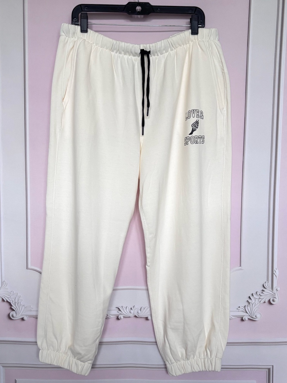 LOVE & SPORTS Cream French Terry High Rise Drawstring Jogger Sweatpants--EUC--L